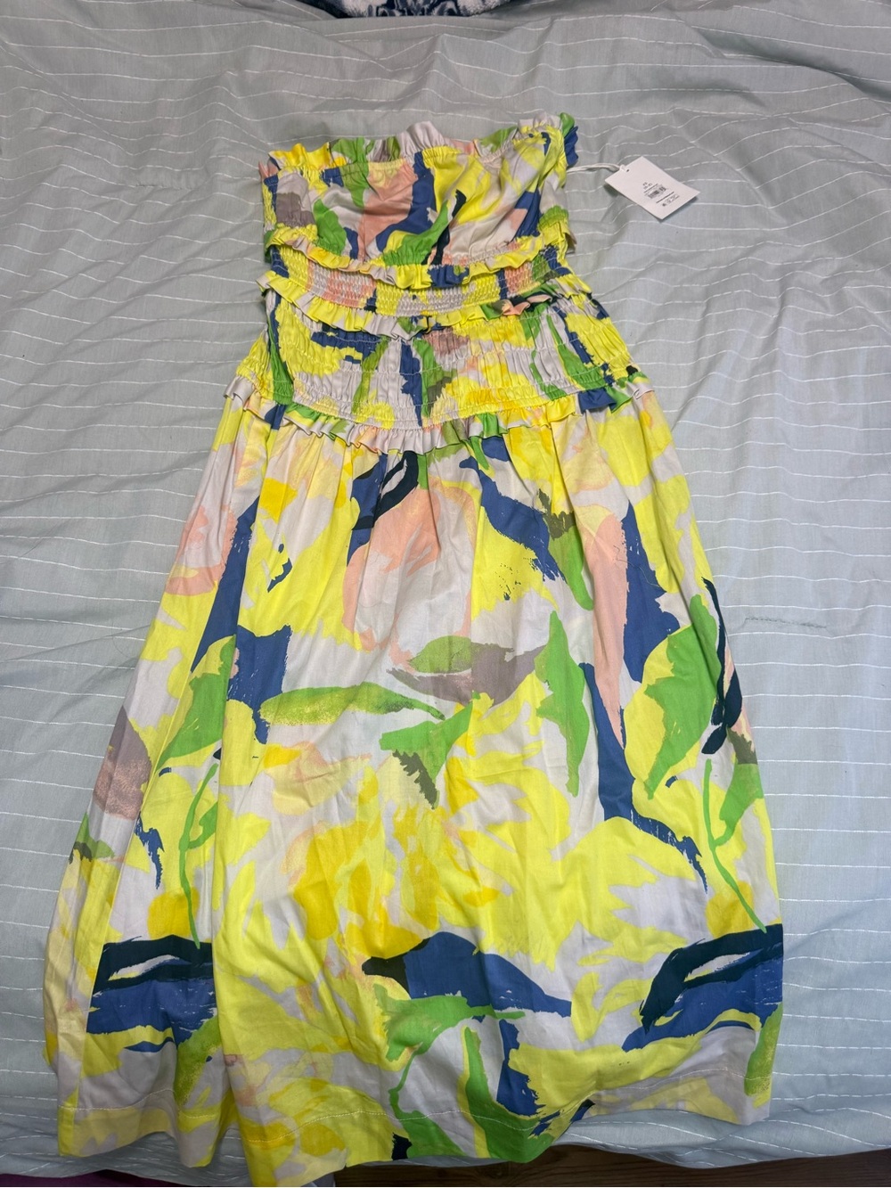 Bright Yellow Strapless Floral Smocked Dress